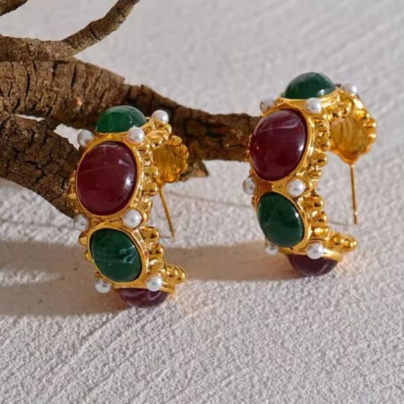 New ANTHRO 18k Gold C French Hoops with Red and Green Gems, Faux Pearls - Picture 6 of 12